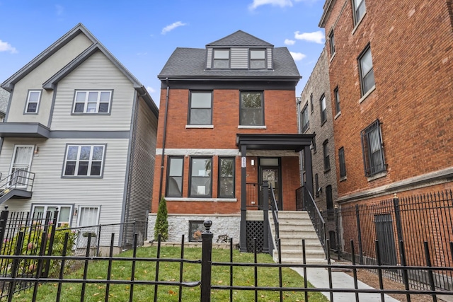 6460 S Kenwood Ave, Chicago, IL 60637 - view of front of property with a front lawn, roof with shingles, fence private yard, and brick siding