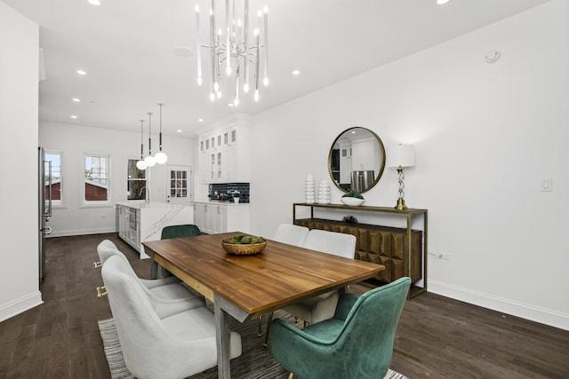 6460 S Kenwood Ave, Chicago, IL 60637 - dining space with a chandelier, baseboards, dark wood-style flooring, and recessed lighting