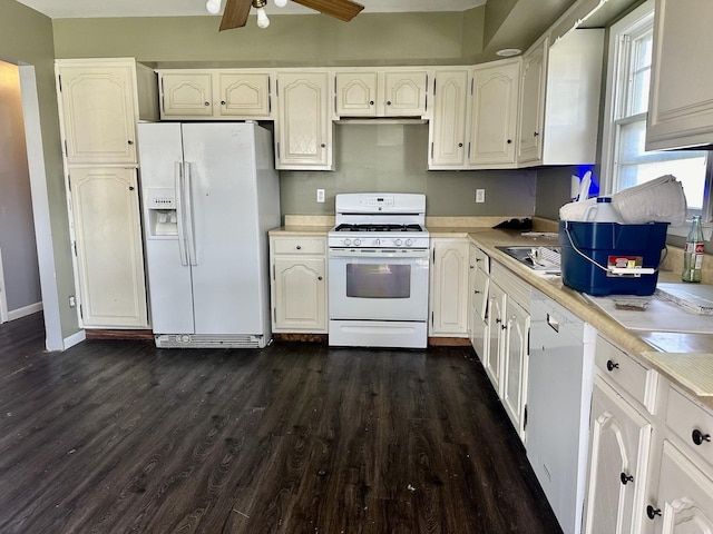 748 Marcy St, Ottawa, IL 61350 - kitchen featuring white cabinets, dark wood finished floors, a ceiling fan, white appliances, and light countertops