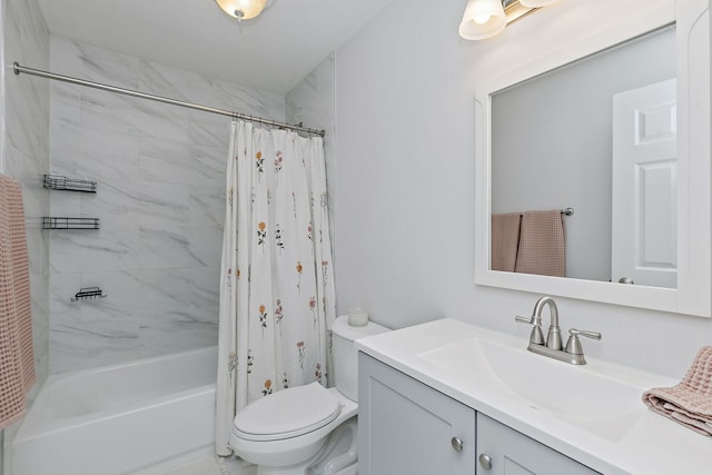 full bathroom featuring vanity, shower / bathtub combination with curtain, and toilet
