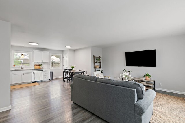 living room with baseboards and dark wood-type flooring