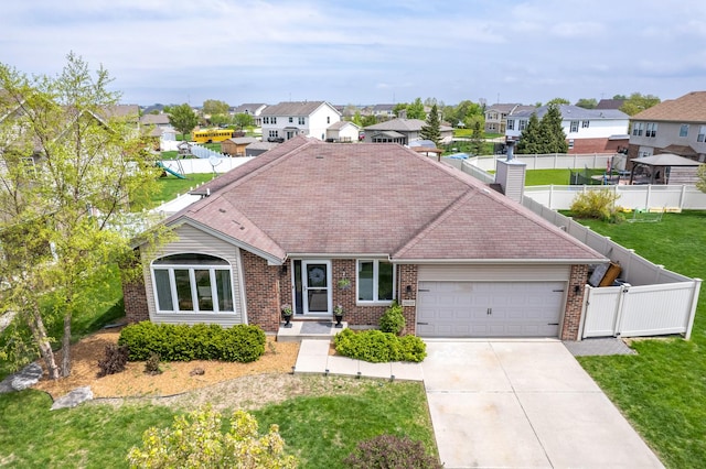 ranch-style home with brick siding, a garage, a residential view, and concrete driveway