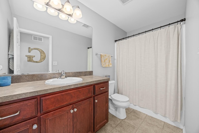 bathroom featuring visible vents, a shower with curtain, toilet, and vanity