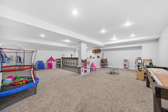 playroom with baseboards, carpet, and recessed lighting