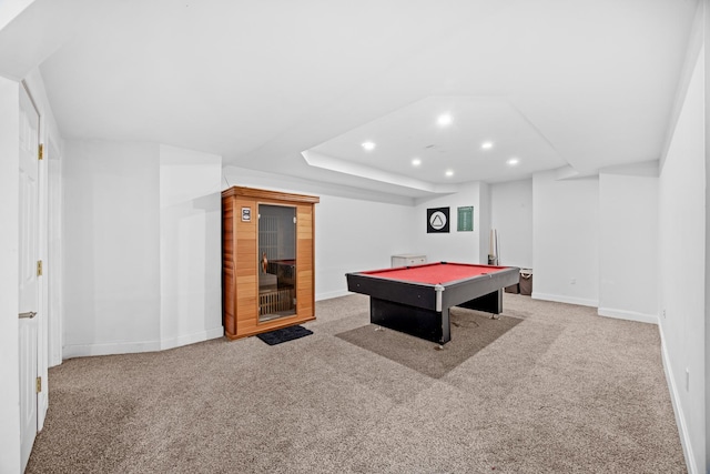 playroom with billiards, baseboards, carpet flooring, and recessed lighting