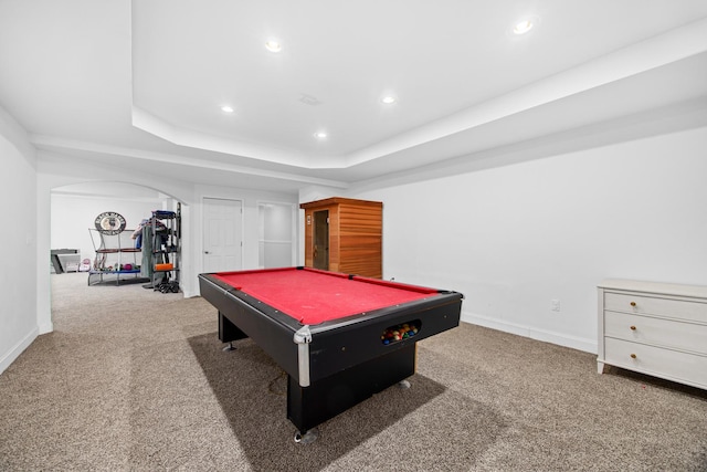 rec room with carpet flooring, arched walkways, pool table, and recessed lighting