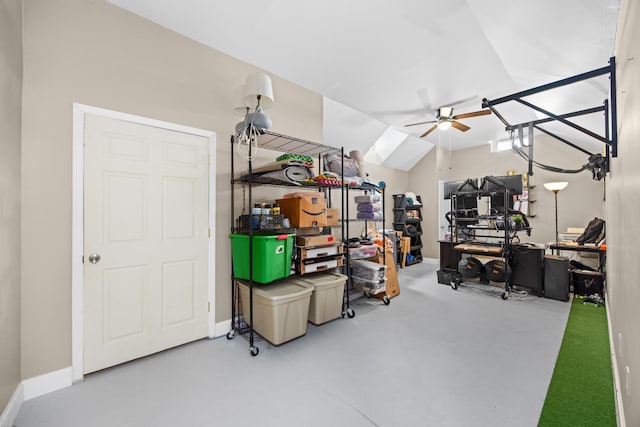 home office with baseboards, concrete floors, and ceiling fan