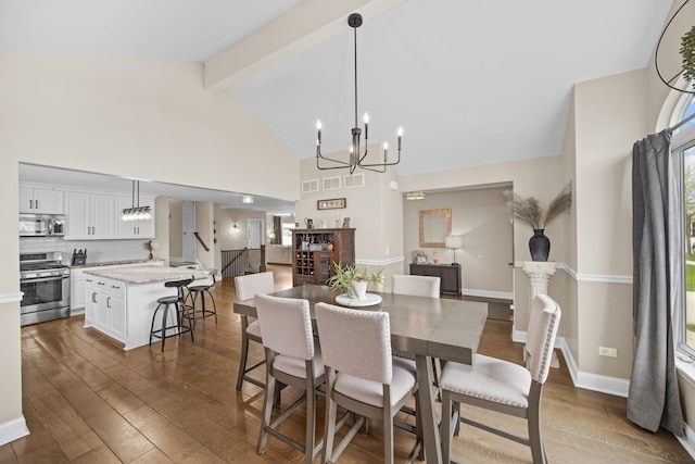 dining area with high vaulted ceiling, hardwood / wood-style flooring, beam ceiling, and a chandelier