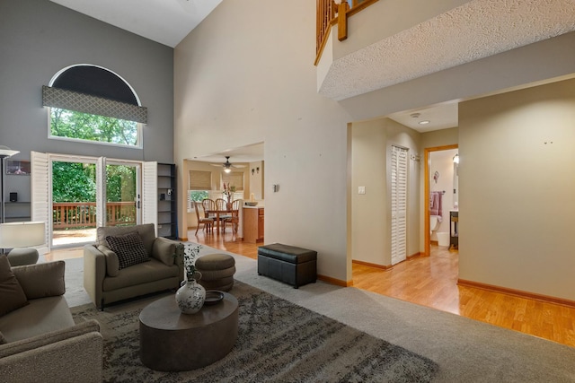 4232 Caribou Ct, Joliet, IL 60431 - living area with a high ceiling, a ceiling fan, light carpet, and light wood-style floors