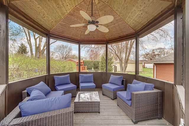 1202 S Birch Dr, Mount Prospect, IL 60056 - sunroom / solarium featuring an outdoor hangout area, ceiling fan, and plenty of natural light