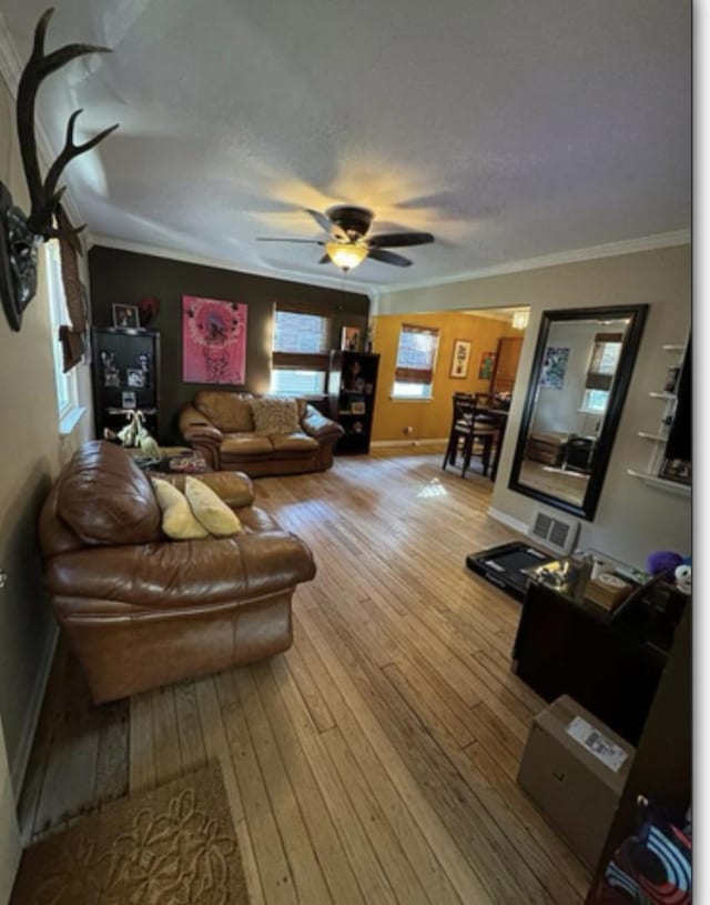 living area featuring a textured ceiling, crown molding, ceiling fan, hardwood / wood-style floors, and baseboards
