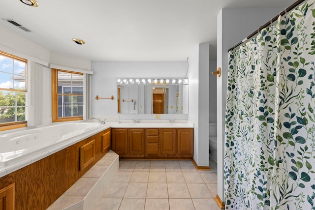 2398 S Williamsburg Dr, Plainfield, IL 60586 - bathroom with tile patterned floors, double vanity, a bathtub, and curtained shower
