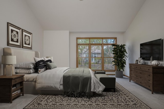 bedroom featuring lofted ceiling and light carpet