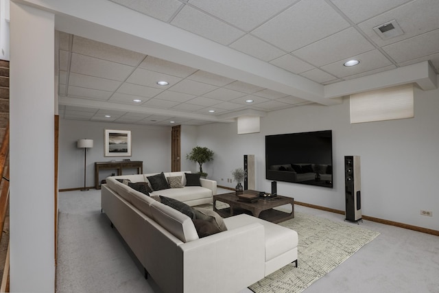living area with visible vents, recessed lighting, baseboards, and light carpet