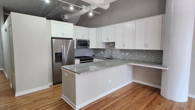 kitchen with stainless steel appliances, a peninsula, a sink, decorative backsplash, and rail lighting