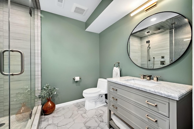 full bath with vanity, visible vents, marble finish floor, and a stall shower