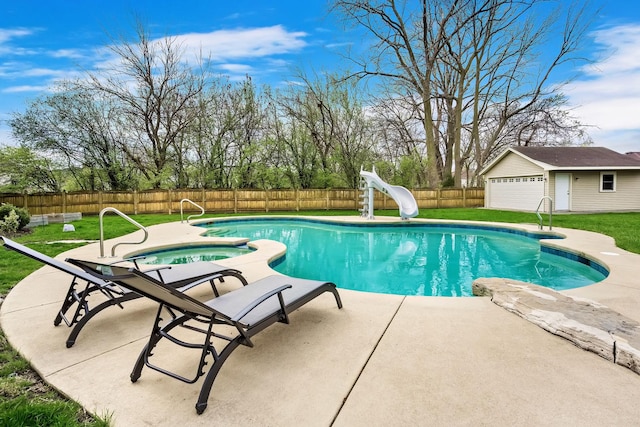 view of swimming pool with a fenced in pool, a fenced backyard, a water slide, a lawn, and an in ground hot tub