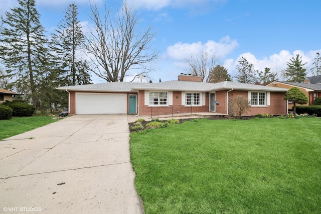 ranch-style house with an attached garage, concrete driveway, a front yard, and brick siding