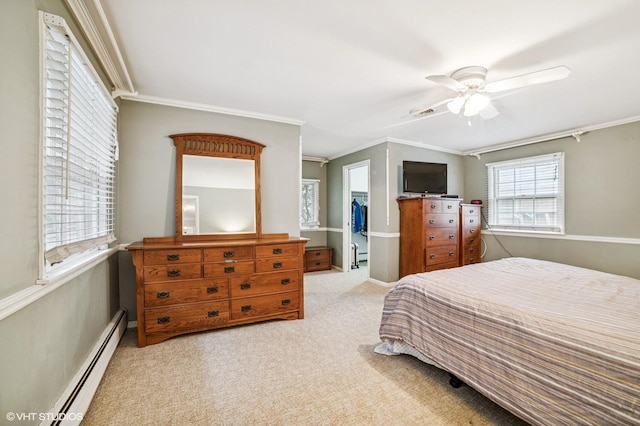 bedroom featuring crown molding, a walk in closet, ceiling fan, a baseboard radiator, and carpet