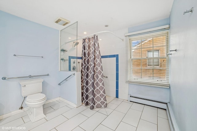 full bath with baseboards, a shower with shower curtain, tile patterned flooring, and toilet