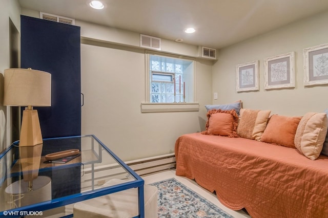 bedroom featuring a baseboard radiator, recessed lighting, and visible vents