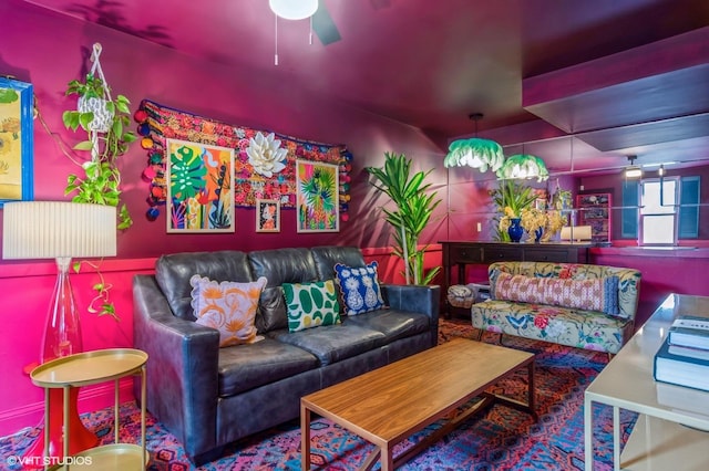 living room with a ceiling fan