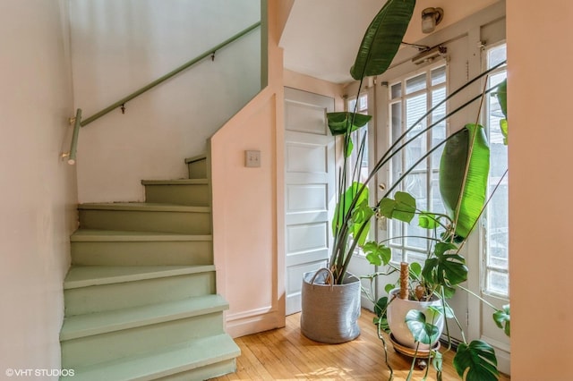 stairway featuring wood finished floors