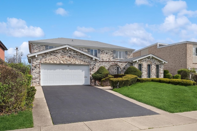 traditional home featuring an attached garage, a front lawn, aphalt driveway, and brick siding