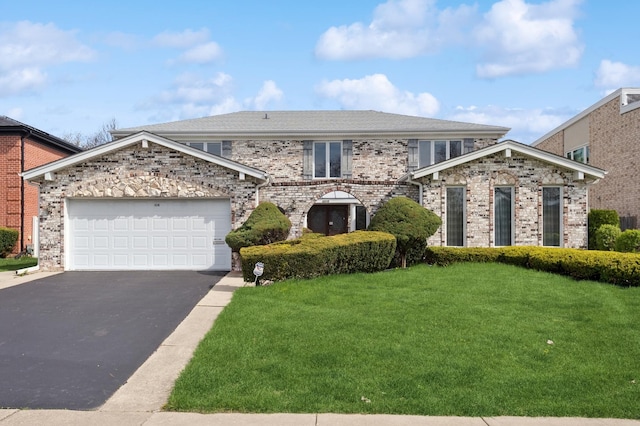 traditional-style home featuring an attached garage, driveway, and a front yard