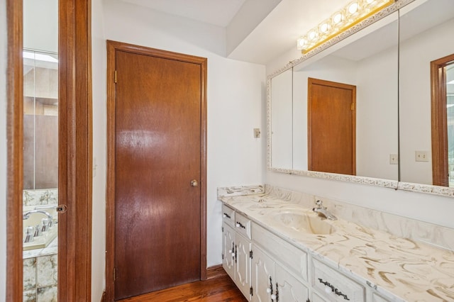 bathroom with wood finished floors and vanity