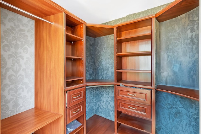 walk in closet with wood finished floors