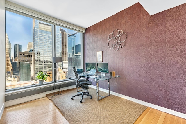 office space with baseboards, plenty of natural light, and hardwood / wood-style floors