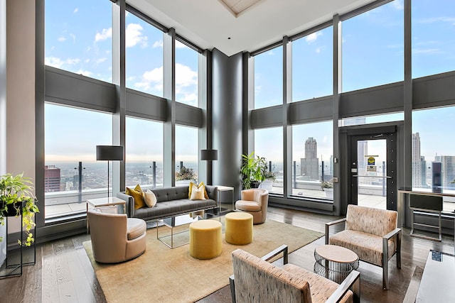 building lobby featuring a view of city