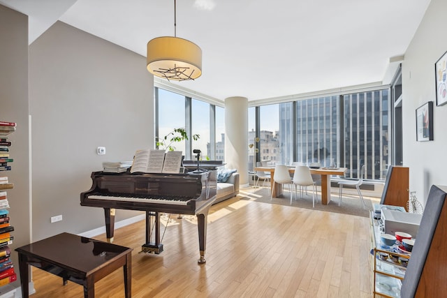 living area featuring baseboards and light wood-style flooring