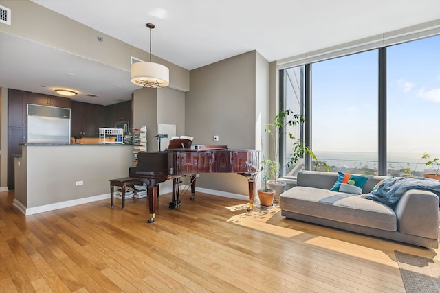 living area featuring light wood finished floors, a healthy amount of sunlight, and a wall of windows