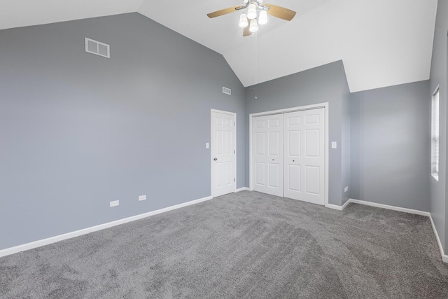 unfurnished bedroom featuring baseboards, visible vents, carpet floors, and a closet