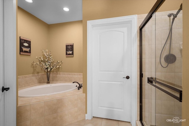 13150 S Lake Mary Dr, Plainfield, IL 60585 - bathroom featuring a bath, tile patterned floors, a shower stall, and recessed lighting