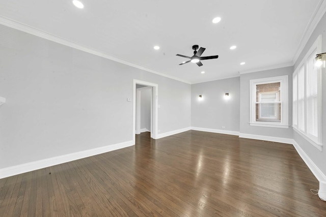 spare room featuring baseboards, recessed lighting, ceiling fan, crown molding, and dark wood-type flooring