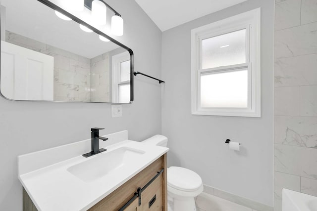full bathroom with walk in shower, vanity, a bathtub, and toilet