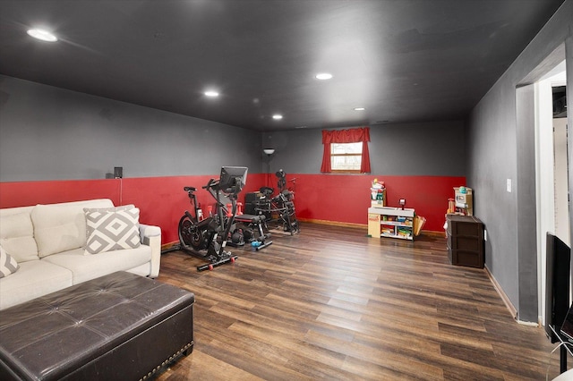 game room with baseboards, recessed lighting, and wood finished floors