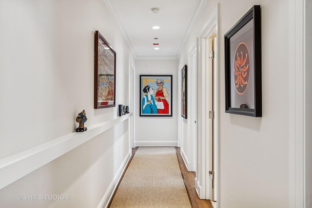 hall with recessed lighting and ornamental molding
