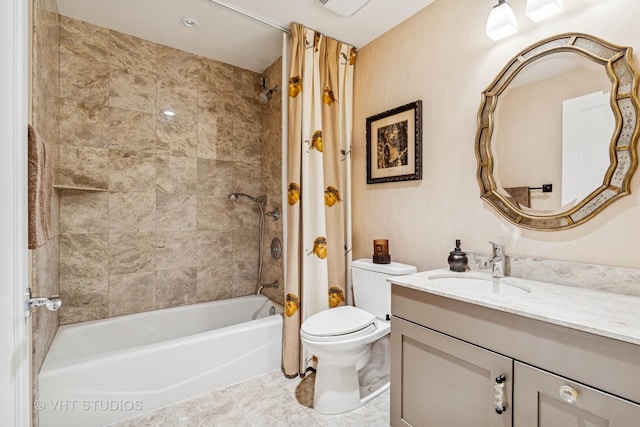 full bath featuring vanity, toilet, and shower / tub combo with curtain