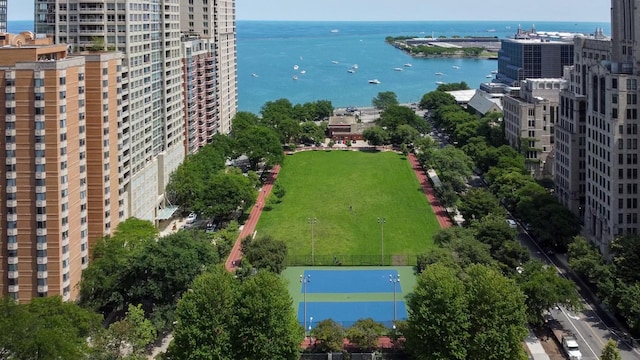 aerial view with a water view and a city view
