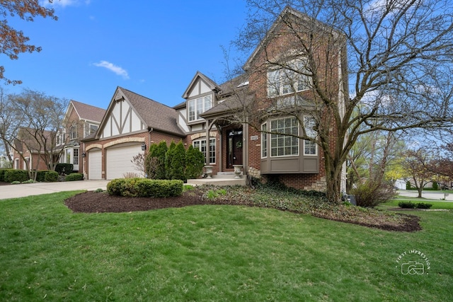1651 Eagle Brook Dr, Geneva, IL 60134 - tudor home with brick siding, concrete driveway, a front lawn, and a garage