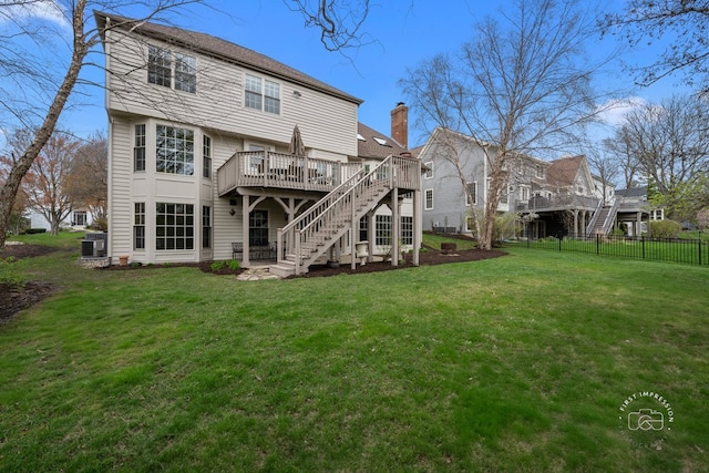 1651 Eagle Brook Dr, Geneva, IL 60134 - rear view of house featuring a chimney, stairs, fence, a yard, and a deck