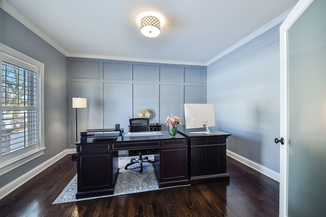 office space with baseboards, dark wood-style flooring, and crown molding