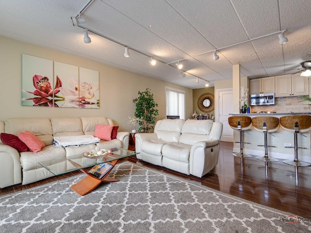 living room with wood finished floors and rail lighting