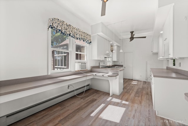 109 3rd Ave, Montgomery, IL 60538 - kitchen featuring baseboard heating, ceiling fan, range, and white cabinets