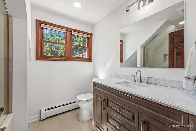109 3rd Ave, Montgomery, IL 60538 - bathroom with baseboard heating, vanity, a shower, tile patterned flooring, and recessed lighting