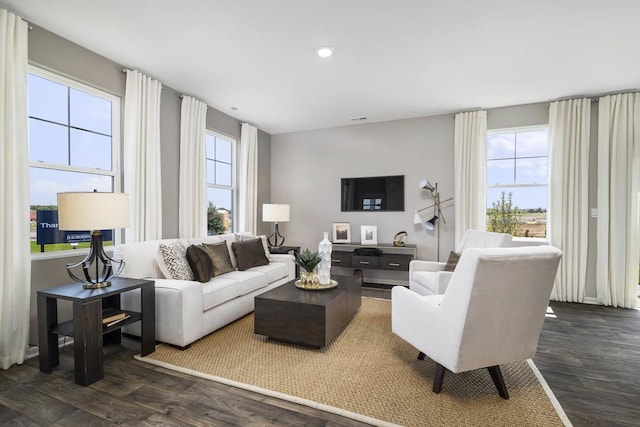 living room featuring dark wood-type flooring and recessed lighting